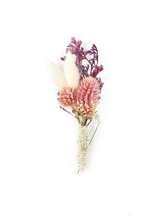 Boutonniere, Wedding Accessories, Dried Flowers, Preserved Floral, Bridal, Decor, Caspia, Bunny Tails, Pink and Purple