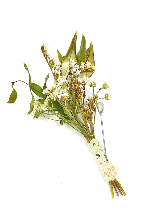 Wedding Boutonniere, Dried Flowers, Preserved Flowers, Bridal Accessories, Greenery, White and Green, German Statice