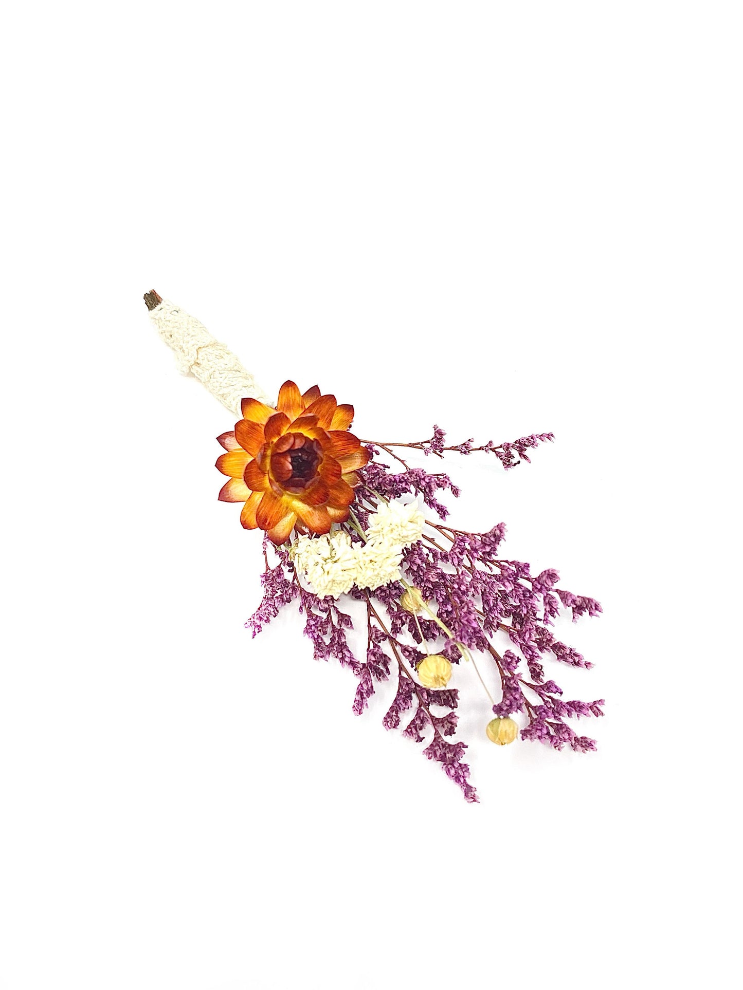 Boutonniere, Dried Flowers, Wedding Accessories, Preserved Floral, Bridal, Strawflower, Purple and Orange, Caspia