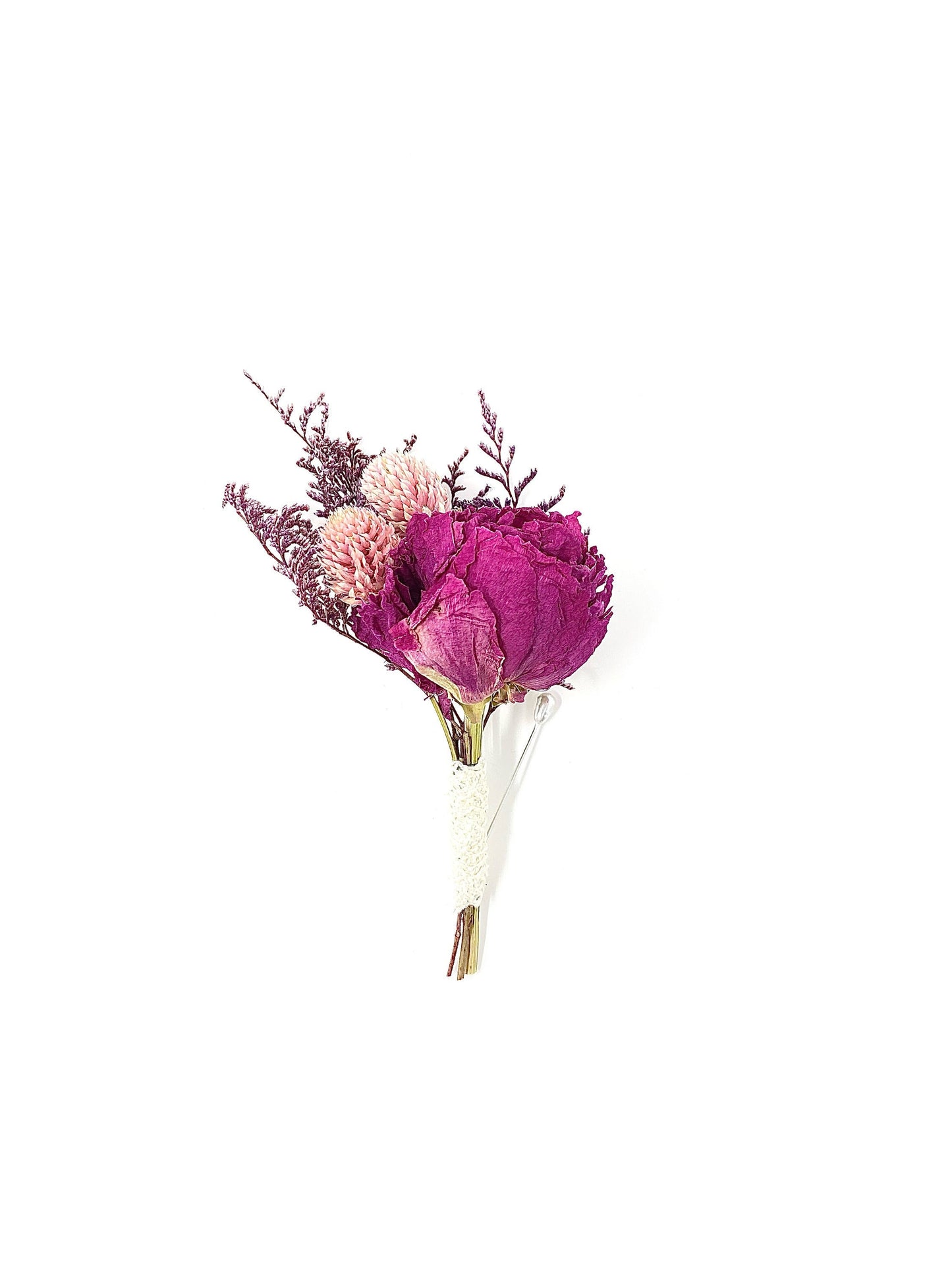 Wedding Boutonniere, Dried Flowers, Preserved Floral, Peony, Decor, Bridal Accessories, Pink and Purple