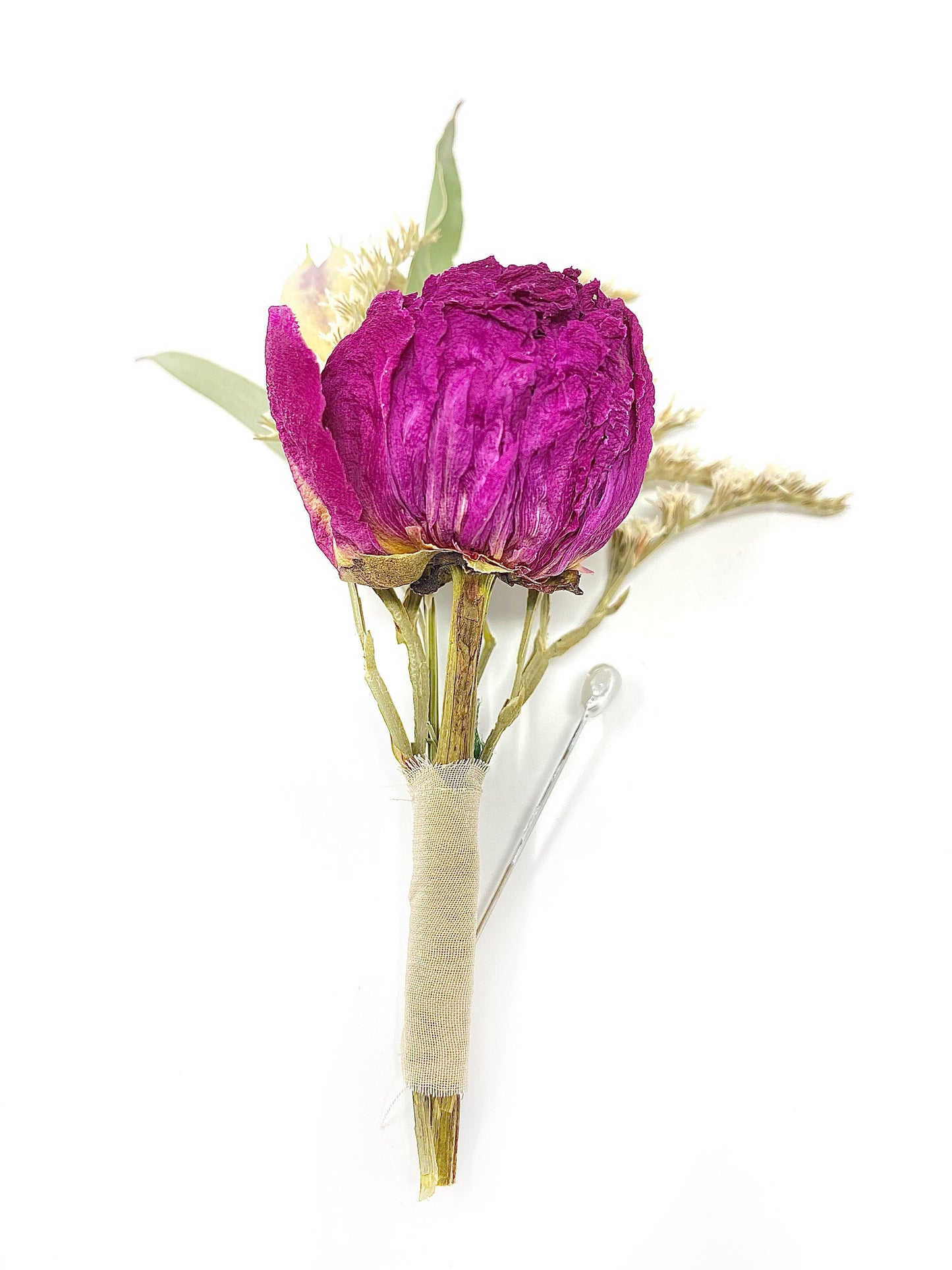 Wedding Boutonniere, Dried Flowers, Preserved Floral, Peony, Decor, Bridal Accessories, German Statice, Greenery, Purple and Green