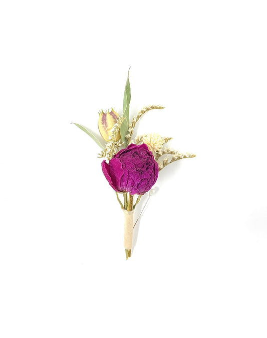 Wedding Boutonniere, Dried Flowers, Preserved Floral, Peony, Decor, Bridal Accessories, German Statice, Greenery, Purple and Green