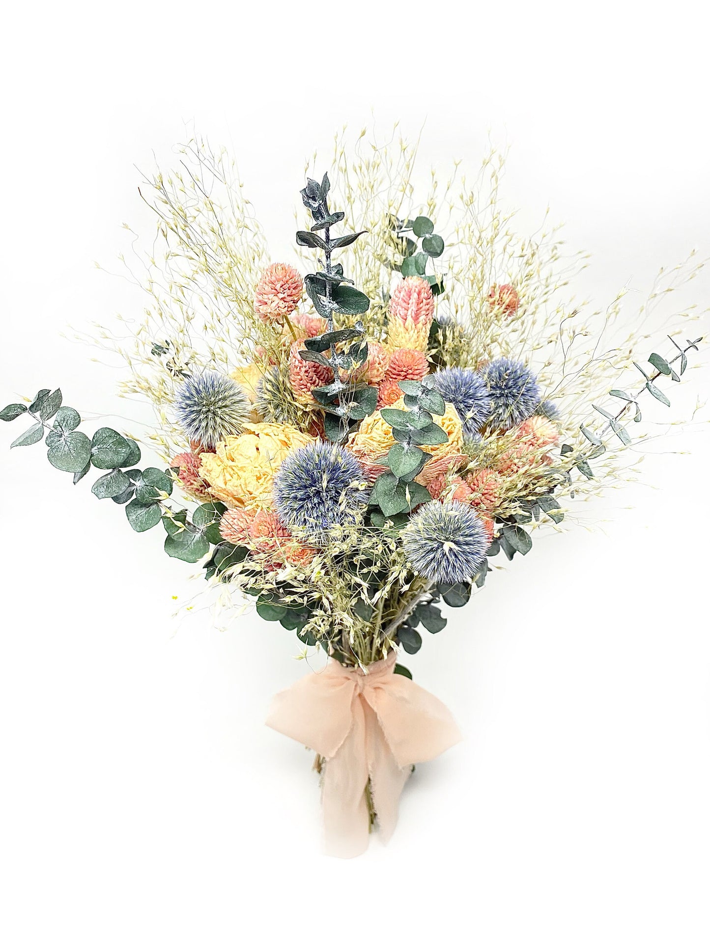 Wedding Bouquet, Dried Flowers, Preserved Floral, Peonies, Pink and Blue, Eucalyptus, Bridal, Globe Thistle, Cream, Spring Bouquet