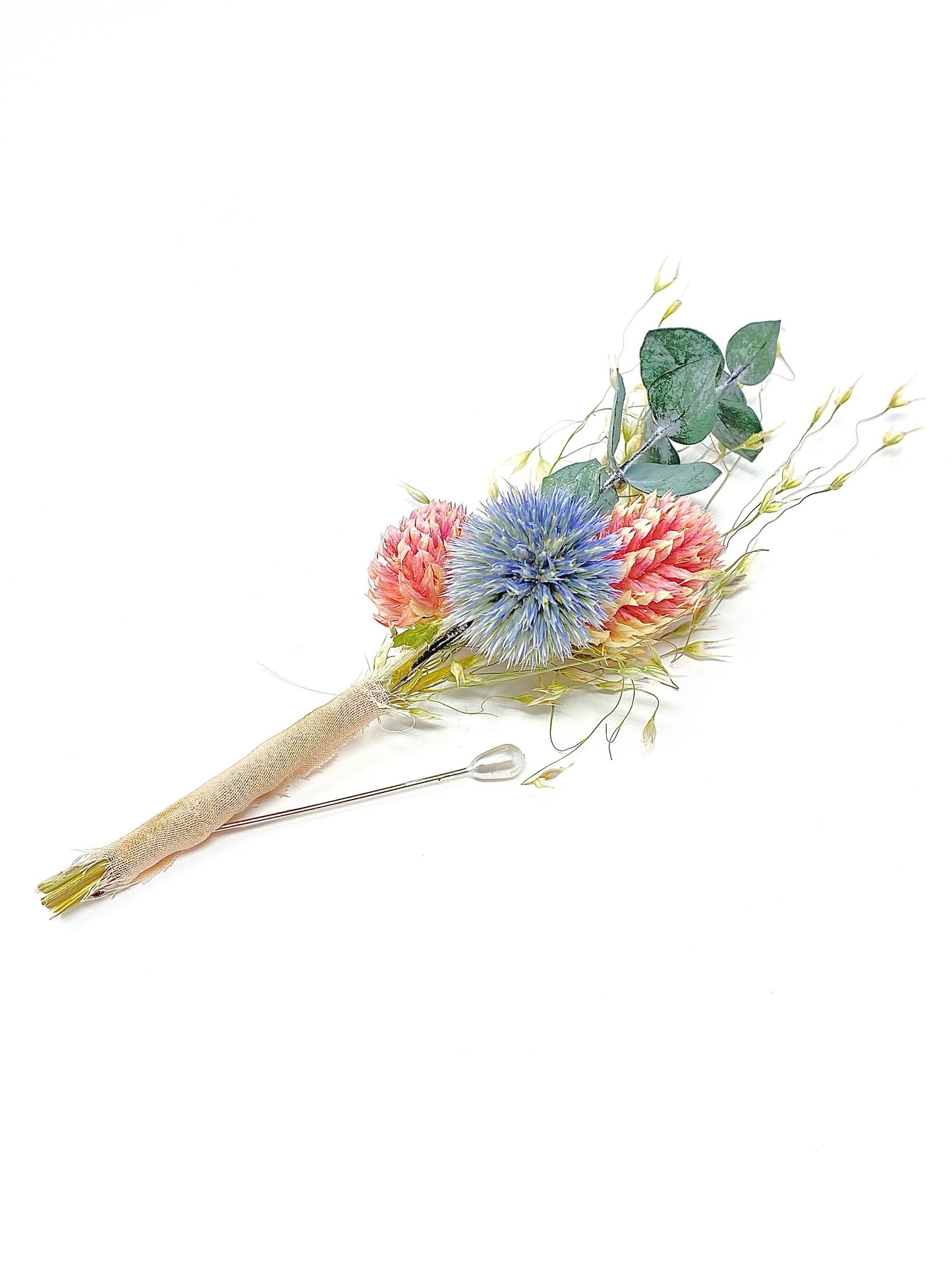 Wedding Boutonniere, Preserved Floral, Dried Flowers, Bridal Accessories, Winter, Decor, Blue and Pink, Eucalyptus, Globe Thistle