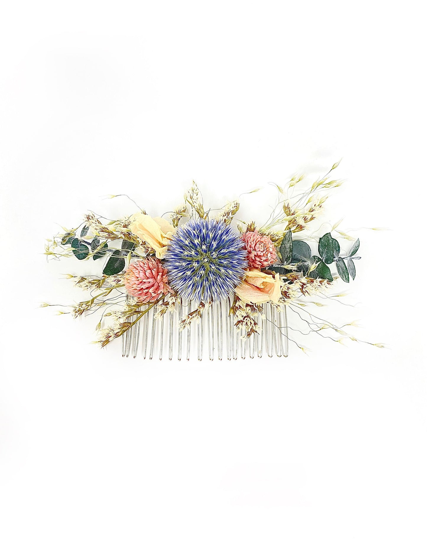 Hair Comb, Dried flowers, Preserved flowers, Floral comb, Hair accessories, Wedding accessory, Globe thistles, Winter, Pink and Blue, Peony