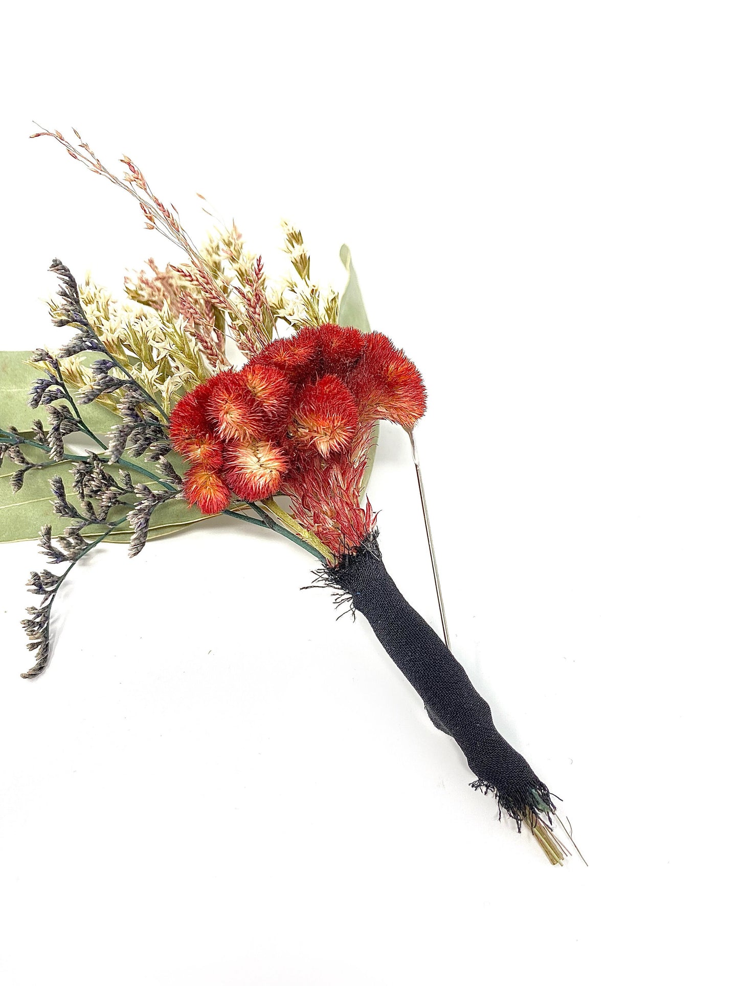 Boutonniere, Dried Flowers, Preserved Floral, Wedding Accessories, Coxcomb, Greenery, Caspia, Bridal