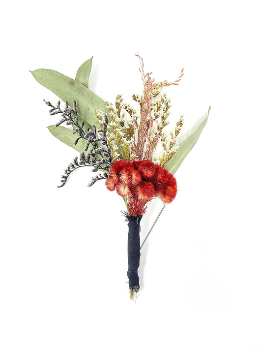 Boutonniere, Dried Flowers, Preserved Floral, Wedding Accessories, Coxcomb, Greenery, Caspia, Bridal