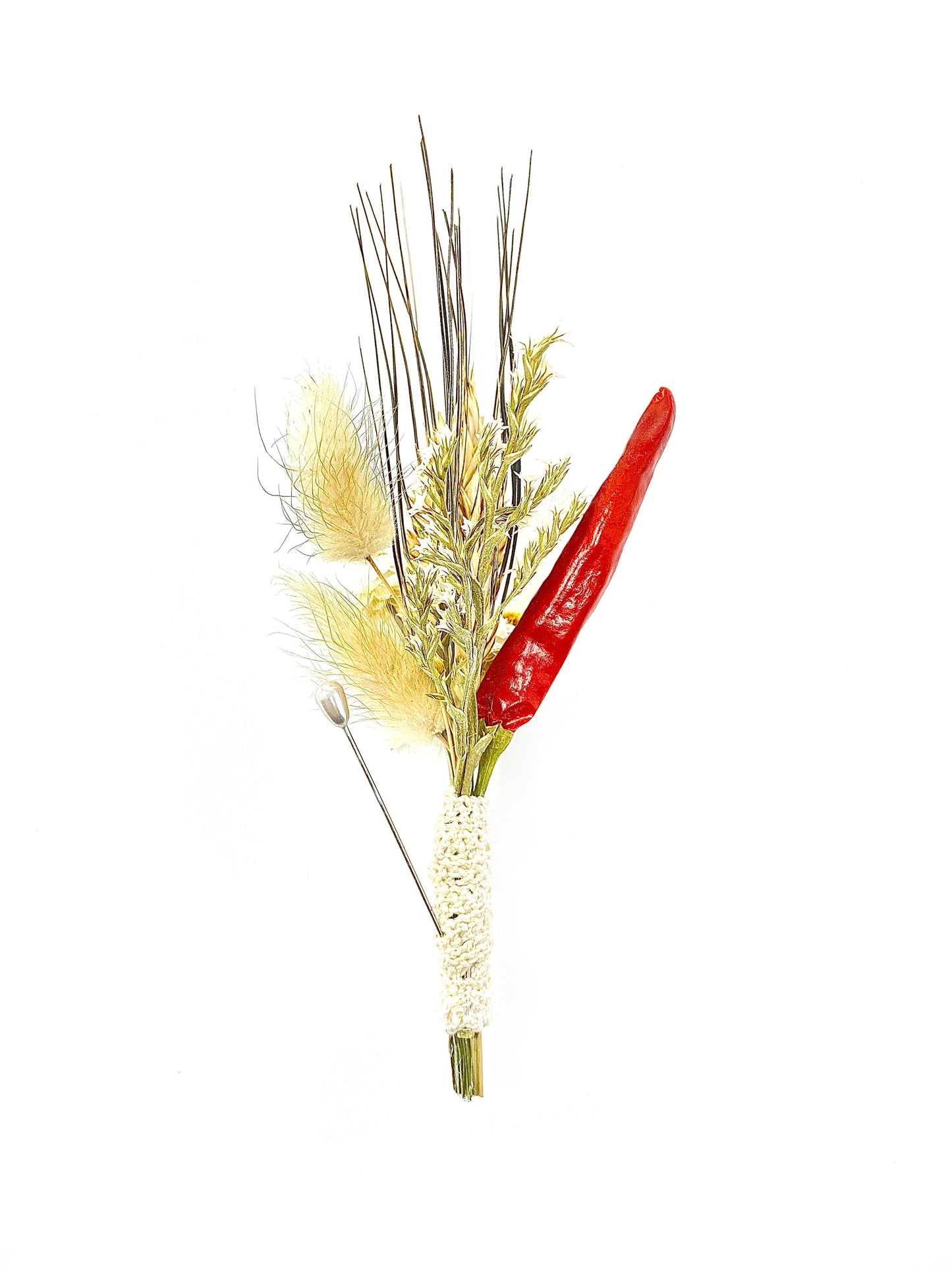 Wedding Boutonniere, Dried Flowers, Preserved Floral, Groomsman, Ammobium, Simple,  Bunny Tails, White and Red, German Statice