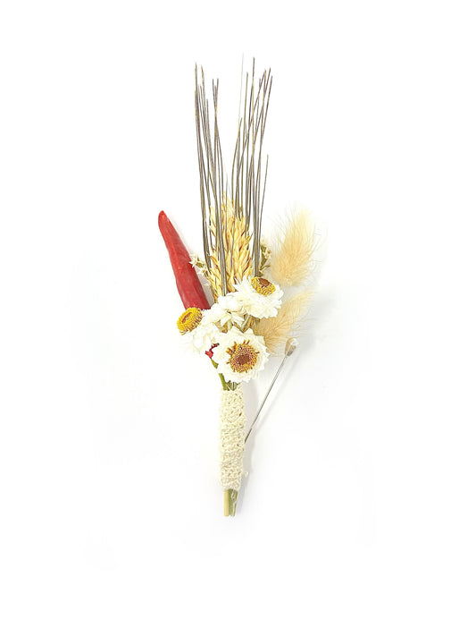 Wedding Boutonniere, Dried Flowers, Preserved Floral, Groomsman, Ammobium, Simple,  Bunny Tails, White and Red, German Statice