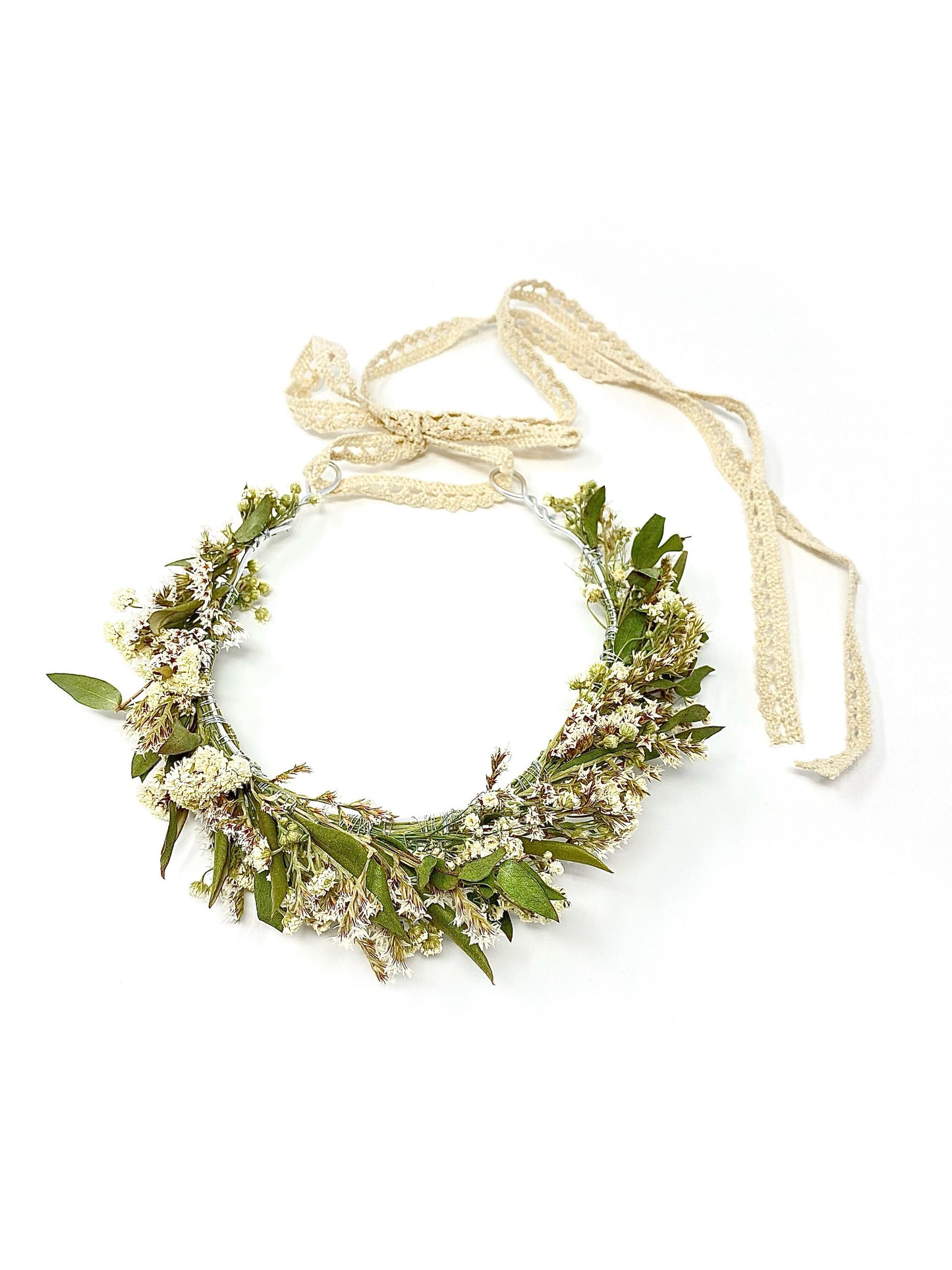 Wedding Head Wreath, Dried Flowers, Preserved Floral, Hair Accessories, Bridal, Greenery, Green and White Crown, German Statice, Photoshoot