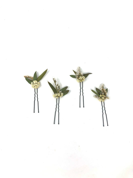 Green White Hair Pins, Wedding Hair, Dried Floral, Wedding Flowers, Preserved,Head Wreath, Hair Comb, Hair Clips, Whimsical, Forest, Simple