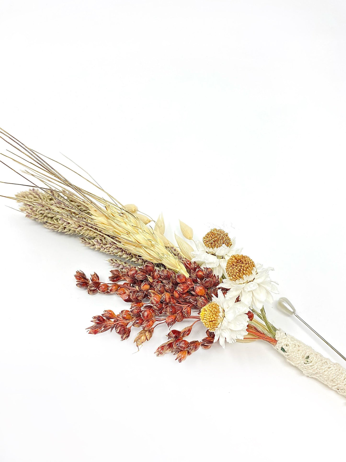 Wedding Boutonniere, Preserved Flowers, Dried Floral, Bridal Accessories, Ammobium, Broom Corn, Beige and Red