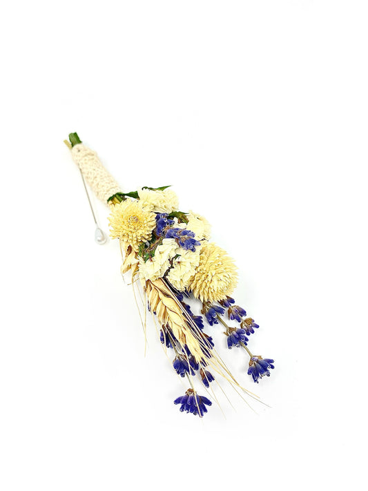 Wedding Boutonniere, Dried Flowers, Preserved Flowers, Bridal Accessories, Lavender, Cream and Purple, Wheat