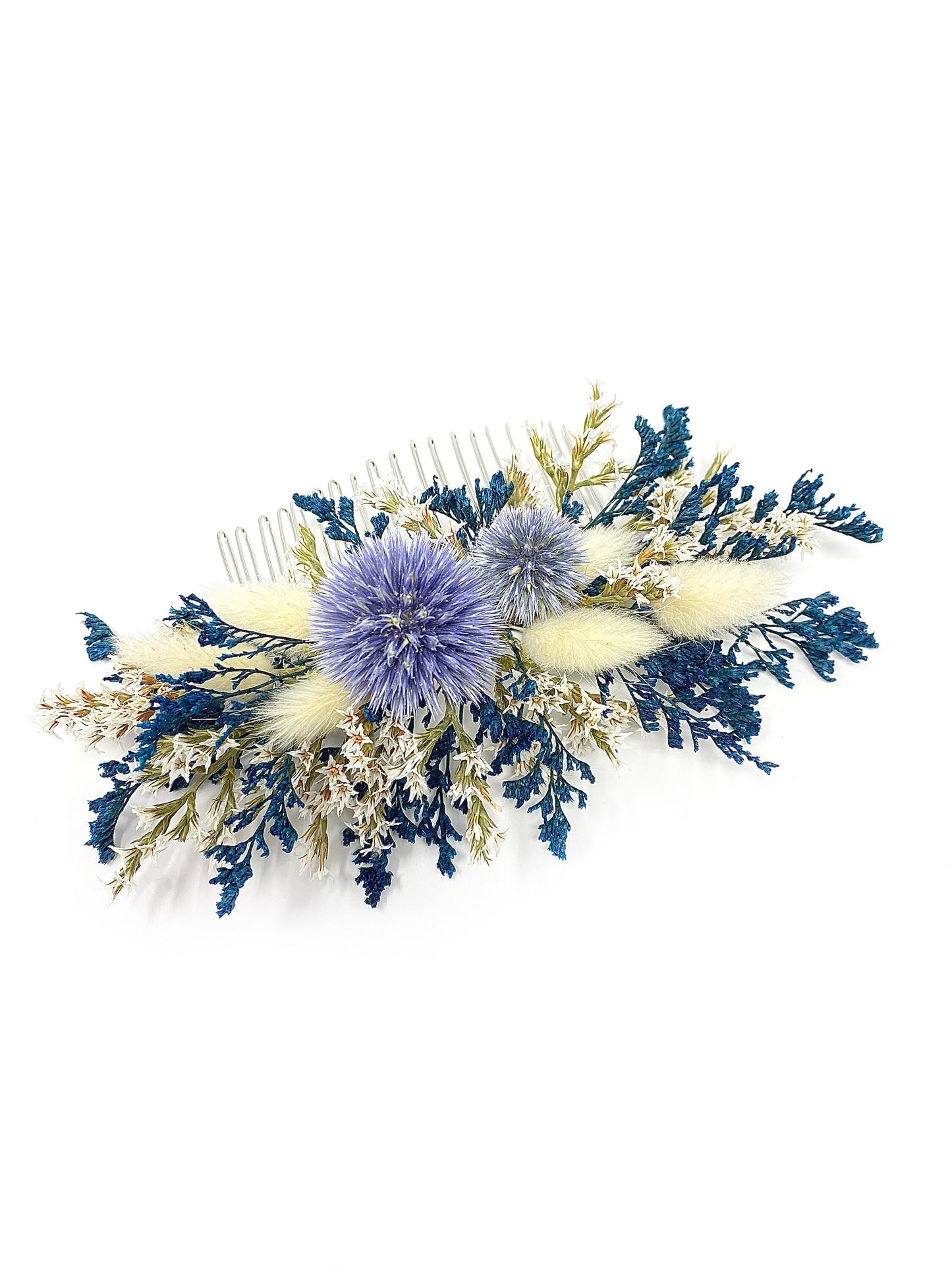 Hair Comb, Dried flowers, preserved flowers, floral comb, hair clip, hair accessories, wedding accessory, bunny tails, globe thistles, White