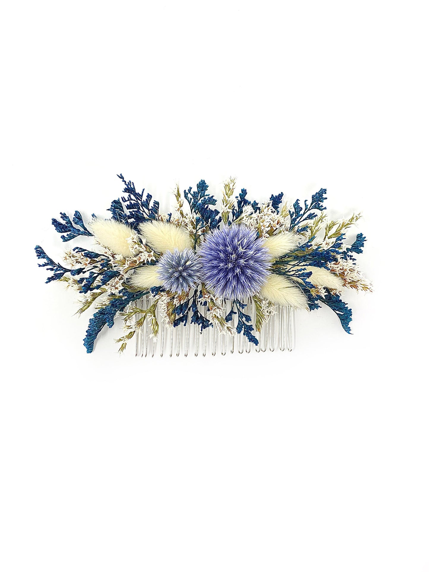 Clear Skies Collection, Wedding Bouquet, Dried Flowers, Winter, Preserved, Bridal, Globe Thistle, Bunny Tails, White, Ribbon, German Statice, Caspia, Blue, Dried