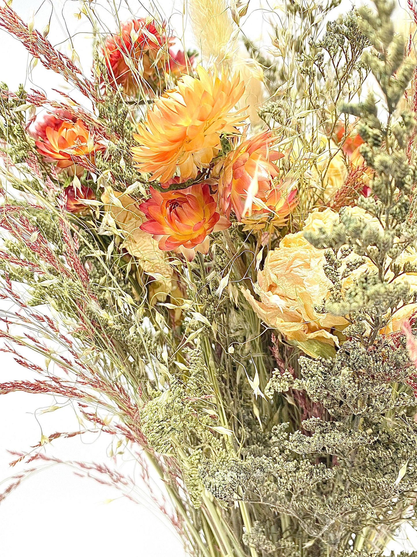 Wedding Bouquet, Dried Flowers, Strawflowers, Preserved Floral, Bridal, Ribbon, Peonies, Simple, Green and White, Bunny Tails, Red Silk