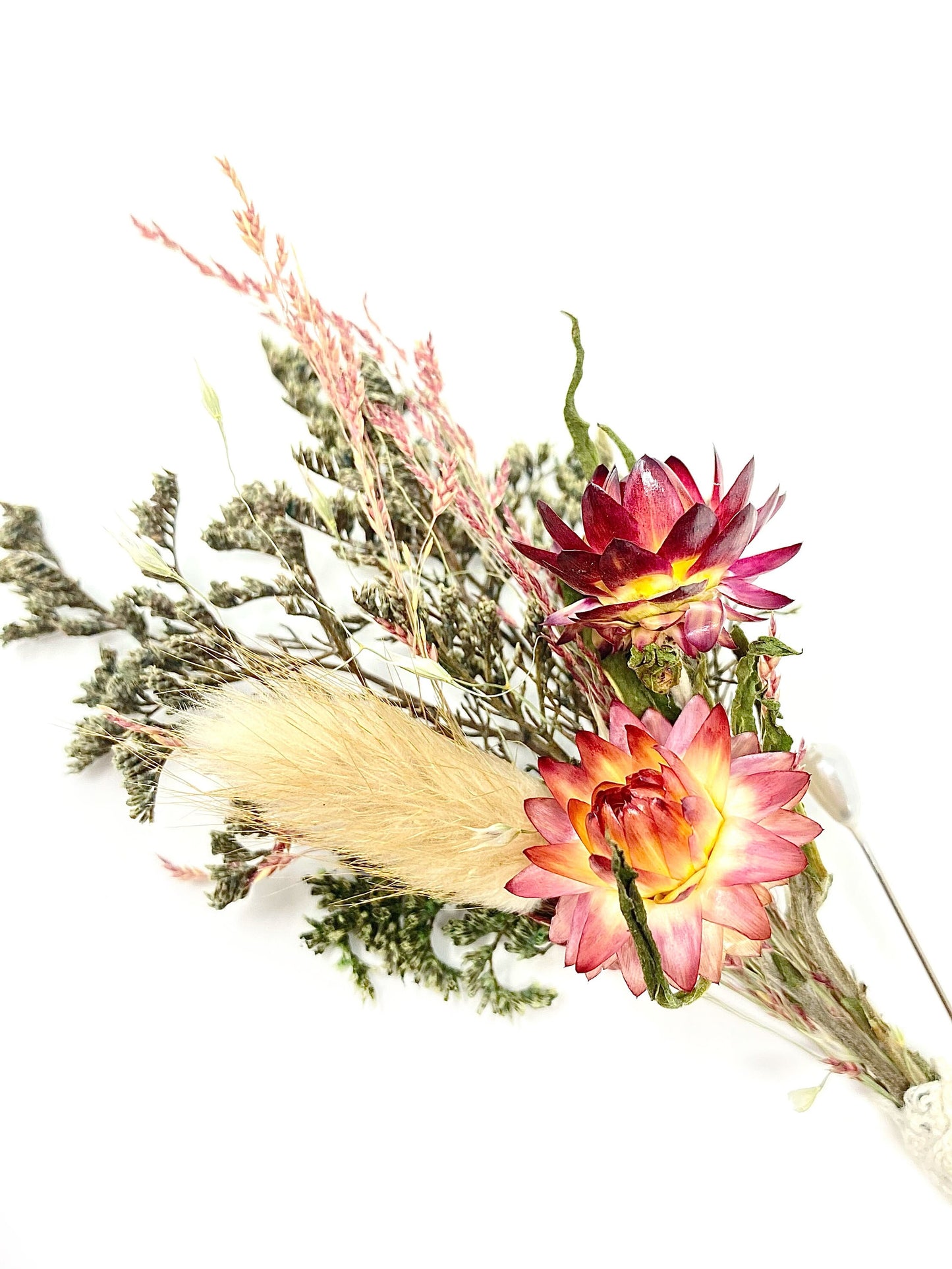 Wedding Boutonniere, Preserved Floral, Dried Flowers, Bridal Accessories, Decor, Strawflowers, Bunny Tails