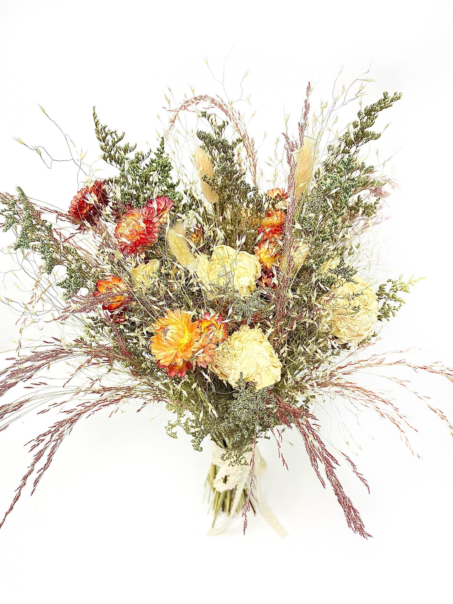 Wedding Bouquet, Dried Flowers, Strawflowers, Preserved Floral, Bridal, Ribbon, Peonies, Simple, Green and White, Bunny Tails, Red Silk