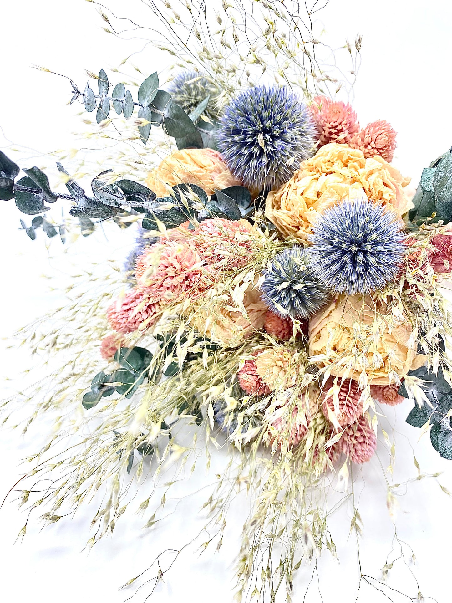 Wedding Bouquet, Dried Flowers, Preserved Floral, Peonies, Pink and Blue, Eucalyptus, Bridal, Globe Thistle, Cream, Spring Bouquet
