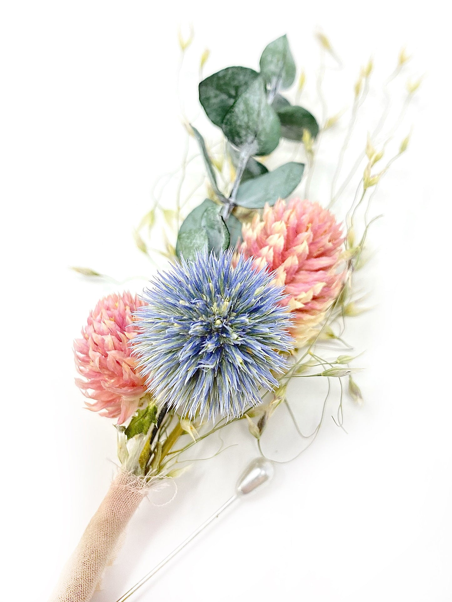 Wedding Boutonniere, Preserved Floral, Dried Flowers, Bridal Accessories, Winter, Decor, Blue and Pink, Eucalyptus, Globe Thistle