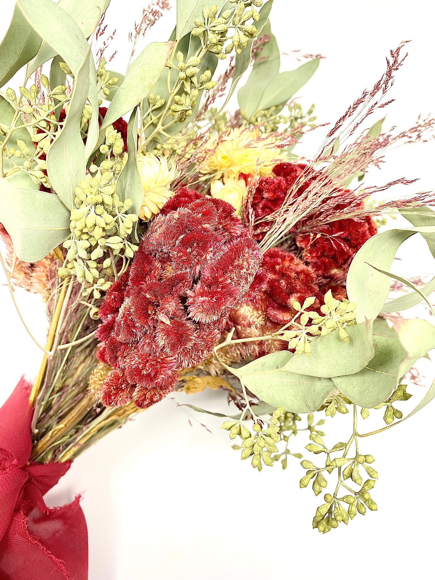 Christmas Bouquet, Dried Flowers, Bridal, Preserved Floral, Coxcomb, Strawflower, Greenery, Red and Green, Ruby silk, Burgundy