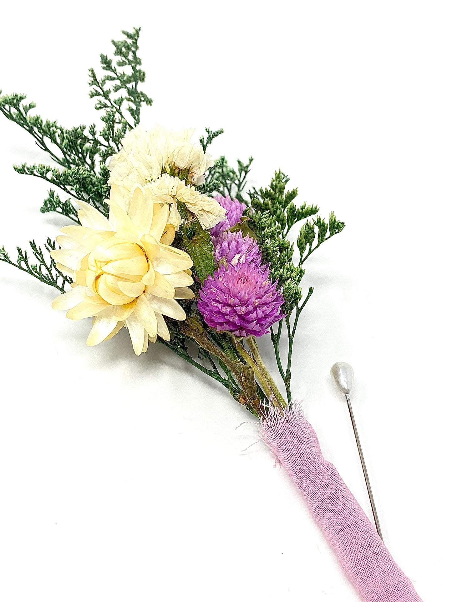 Boutonniere, Wedding Accessories, Dried Flowers, Preserved Floral, Bridal, Decor, Pink and White, Strawflowers, Green