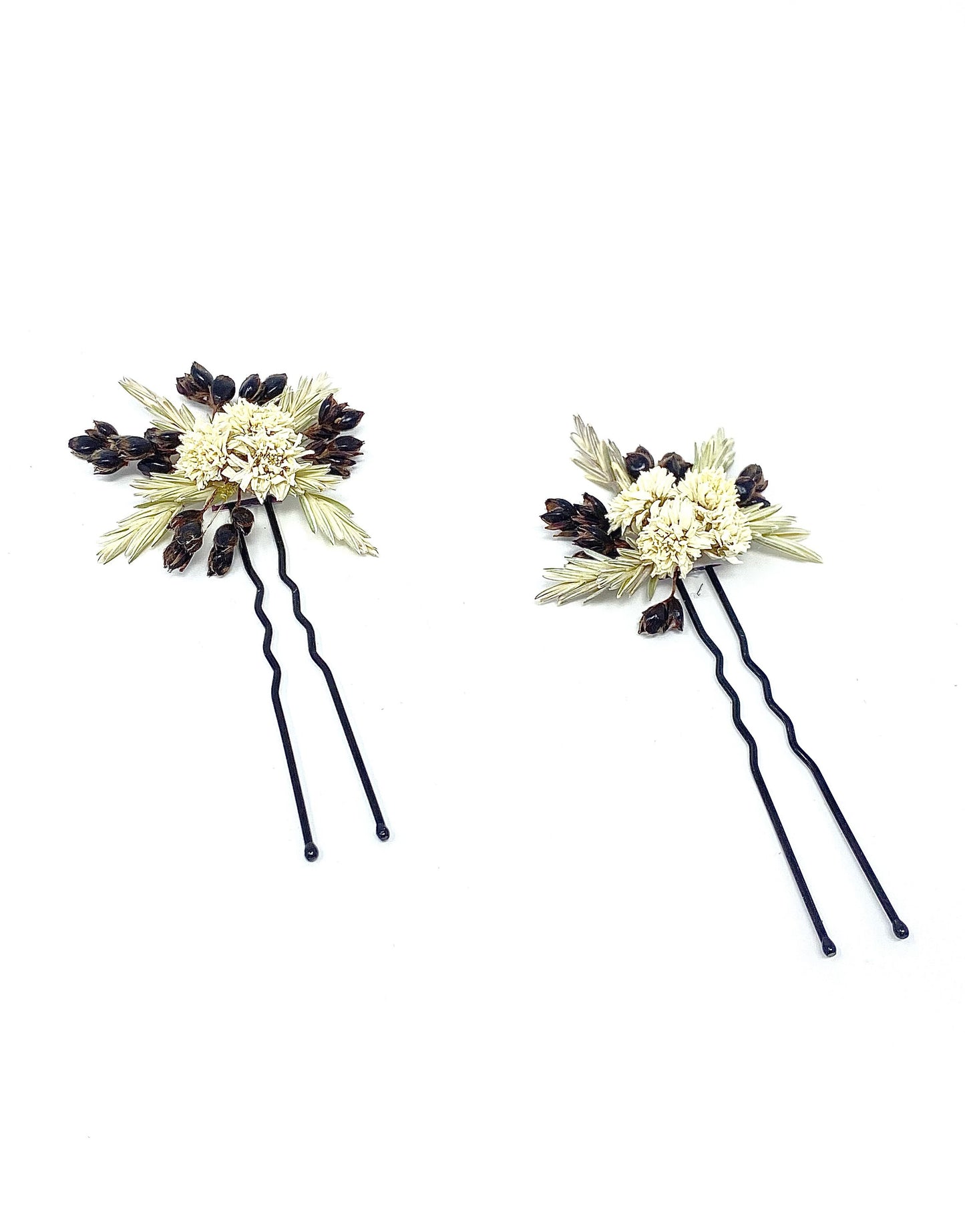 Wedding Hair Pins, Dried Flowers, Preserved Floral, Bridal Accessories, White and Brown, Achillia of Pearl