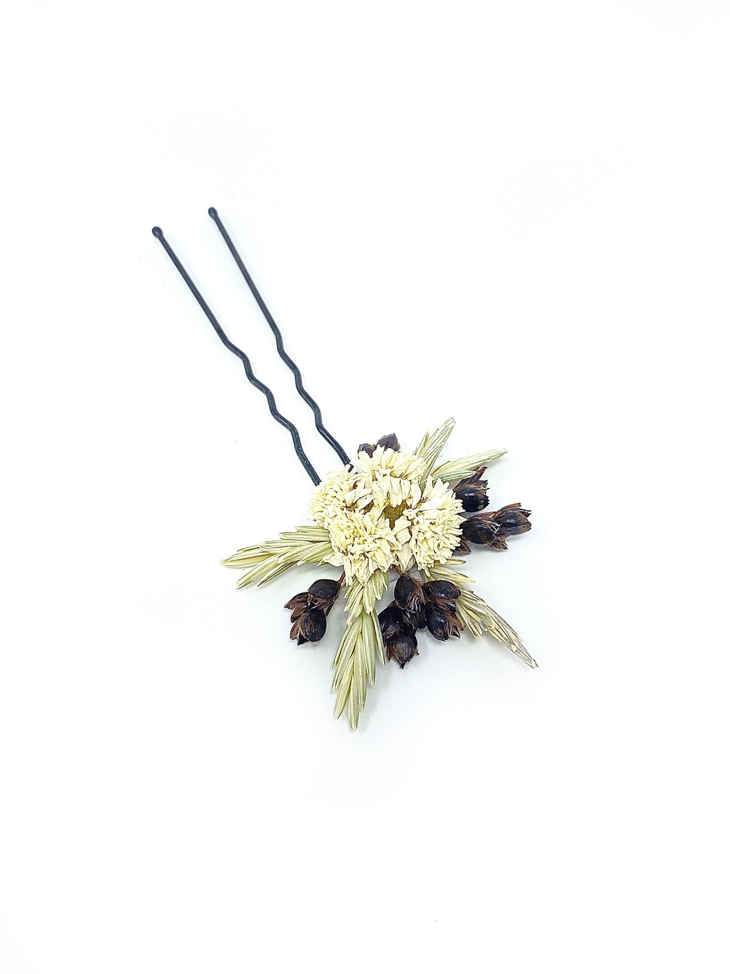 Wedding Hair Pins, Dried Flowers, Preserved Floral, Bridal Accessories, White and Brown, Achillia of Pearl