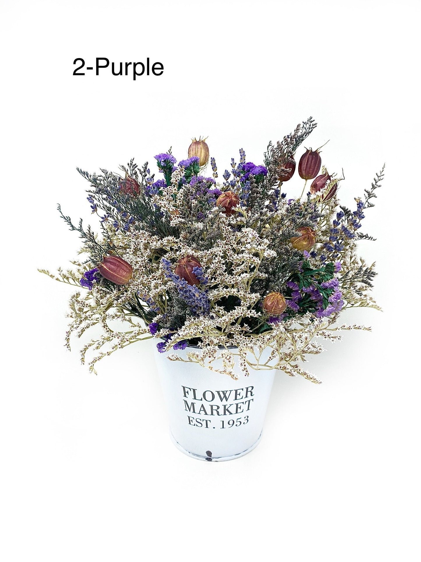 Mothers Day Flower Arrangement, Dried Floral, Spring Bouquet, White Bucket, Pink, Purple, Preserved, Peonies, Natural Flowers, Center Piece