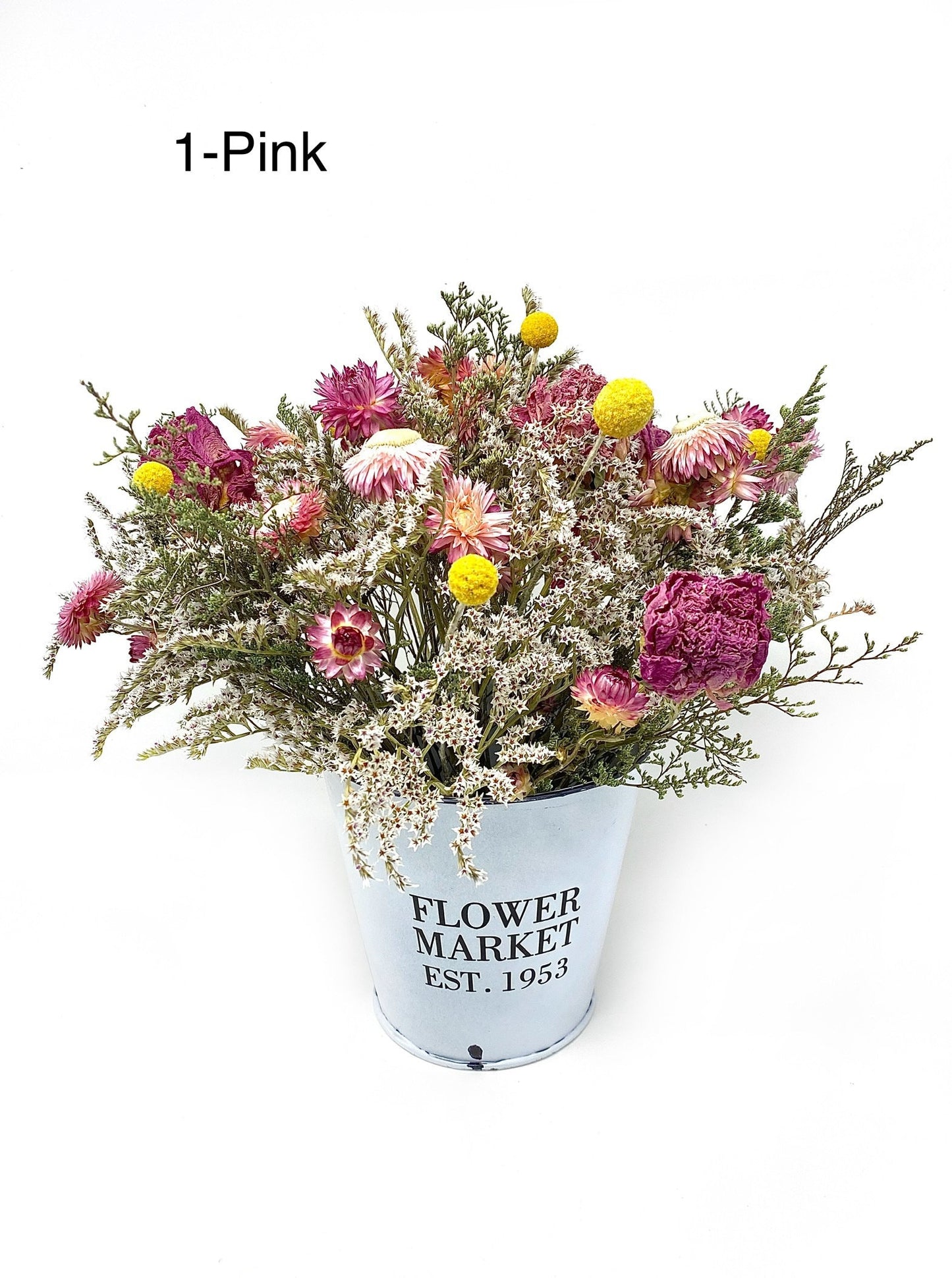 Mothers Day Flower Arrangement, Dried Floral, Spring Bouquet, White Bucket, Pink, Purple, Preserved, Peonies, Natural Flowers, Center Piece