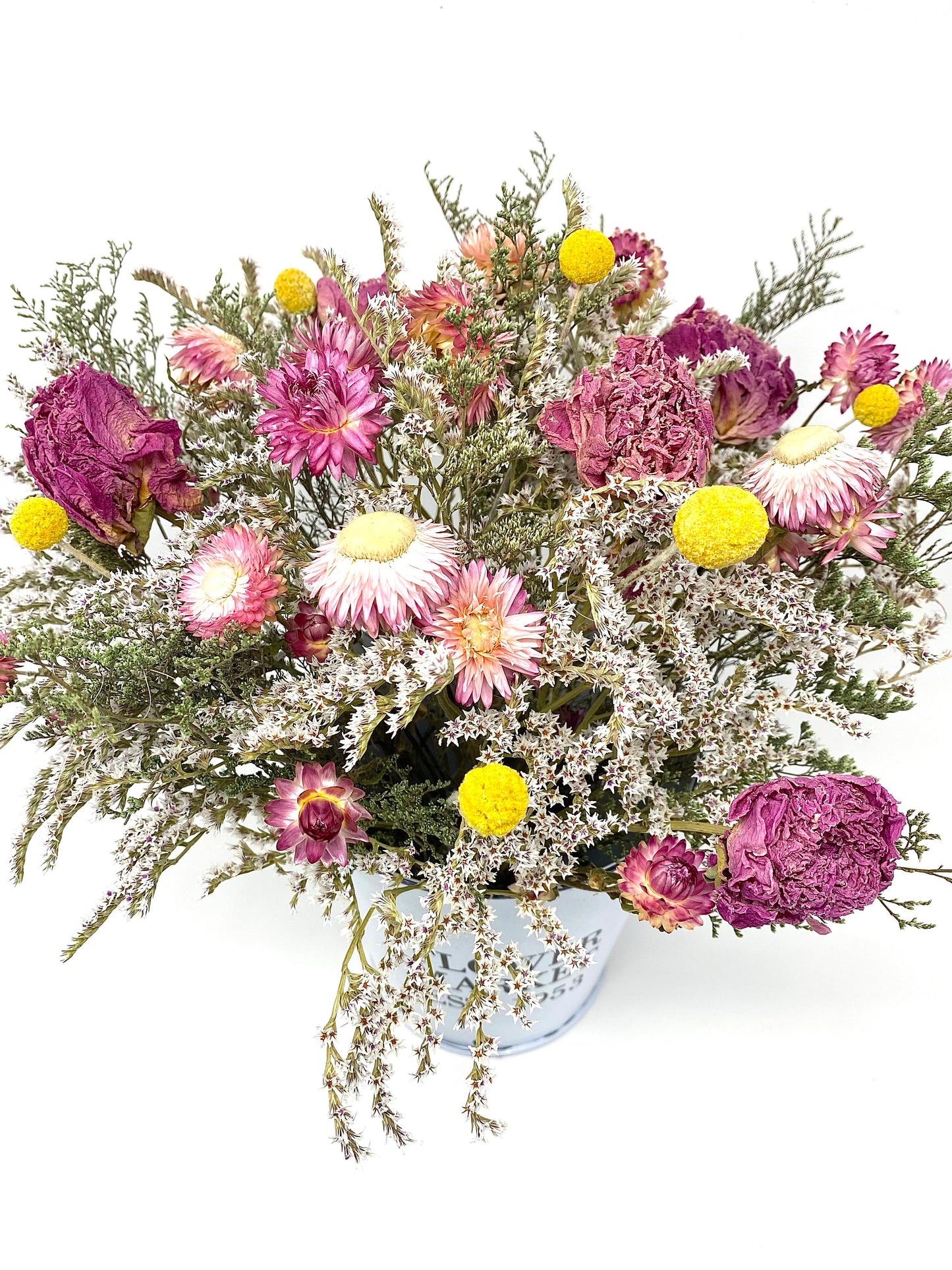 Mothers Day Flower Arrangement, Dried Floral, Spring Bouquet, White Bucket, Pink, Purple, Preserved, Peonies, Natural Flowers, Center Piece