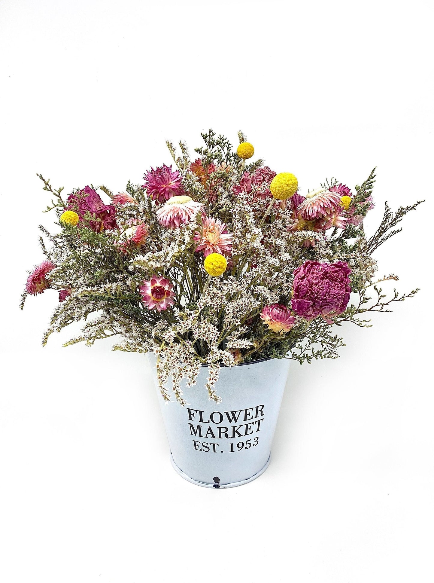 Mothers Day Flower Arrangement, Dried Floral, Spring Bouquet, White Bucket, Pink, Purple, Preserved, Peonies, Natural Flowers, Center Piece