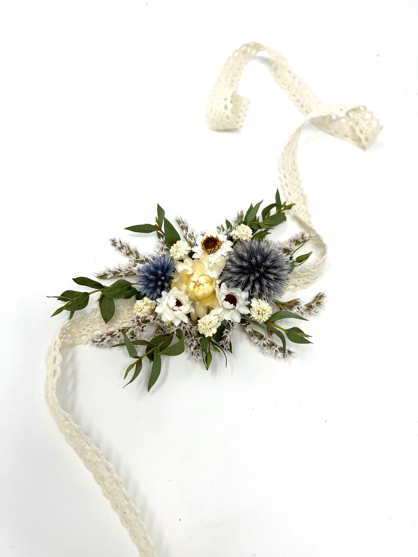 Corsage, wedding accessories, prom, floral corsage, dried flowers, preserved, boutonniere, natural, simple, light color, green, blue, white