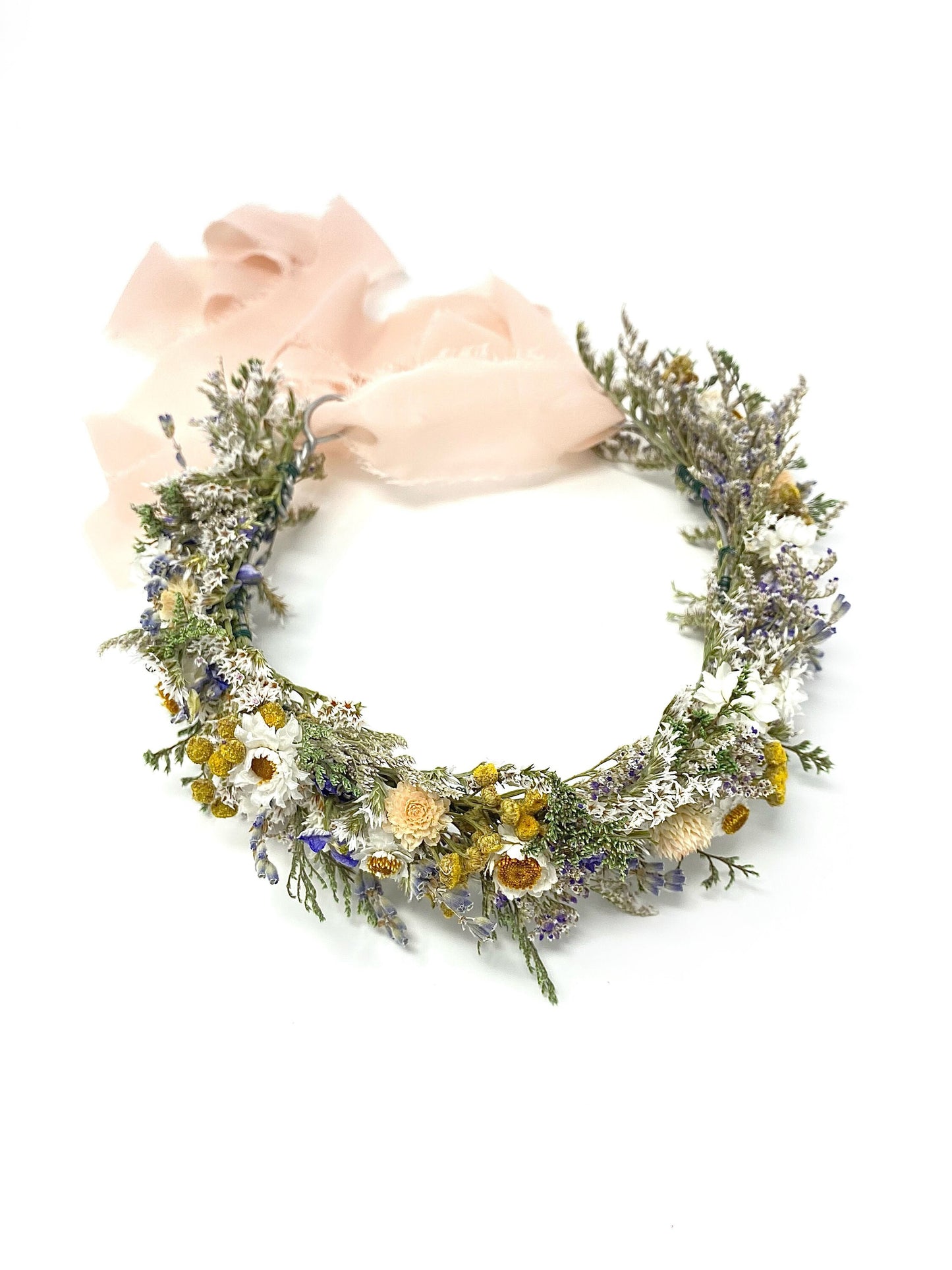 Wedding Head Wreath, Hair Accessory, Halo, Boho, Wild Flower, Floral, Dried Flowers, Simple, Rustic, Preserved, Ammobium, German Statice