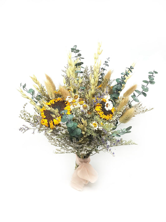 Sunflower Wedding bouquet, Dried Flowers, Summer, Fall, Wildflowers, Boho, Preserved, Floral, Eucalyptus, Bridal, German Statice