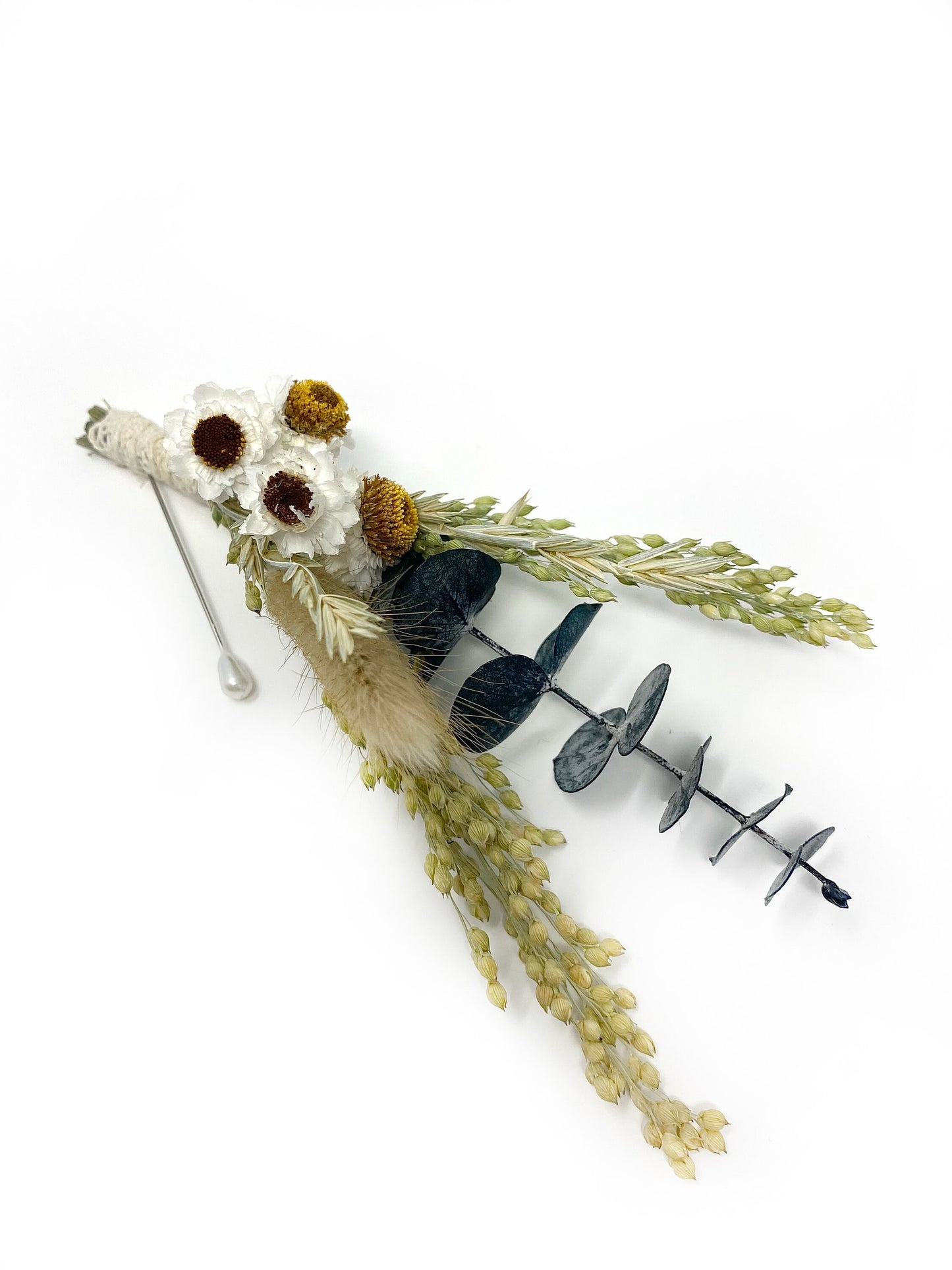 Wedding Boutonniere, Dried Flowers, Preserved Flowers, Bunny Tails, Decor, White and Green, Bridal Accessories