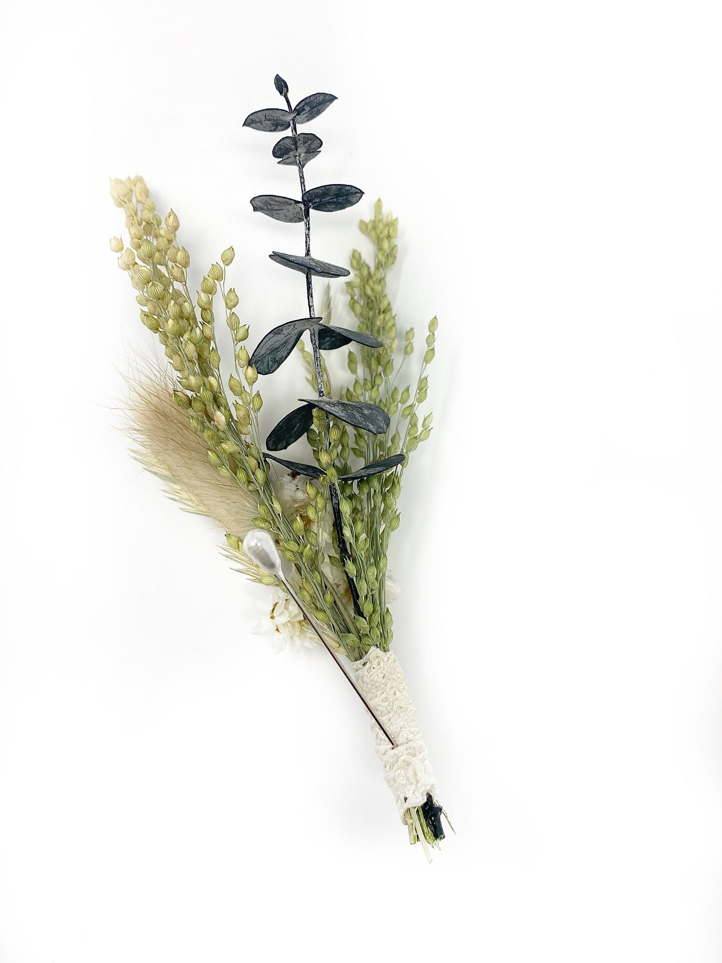 Wedding Boutonniere, Dried Flowers, Preserved Flowers, Bunny Tails, Decor, White and Green, Bridal Accessories