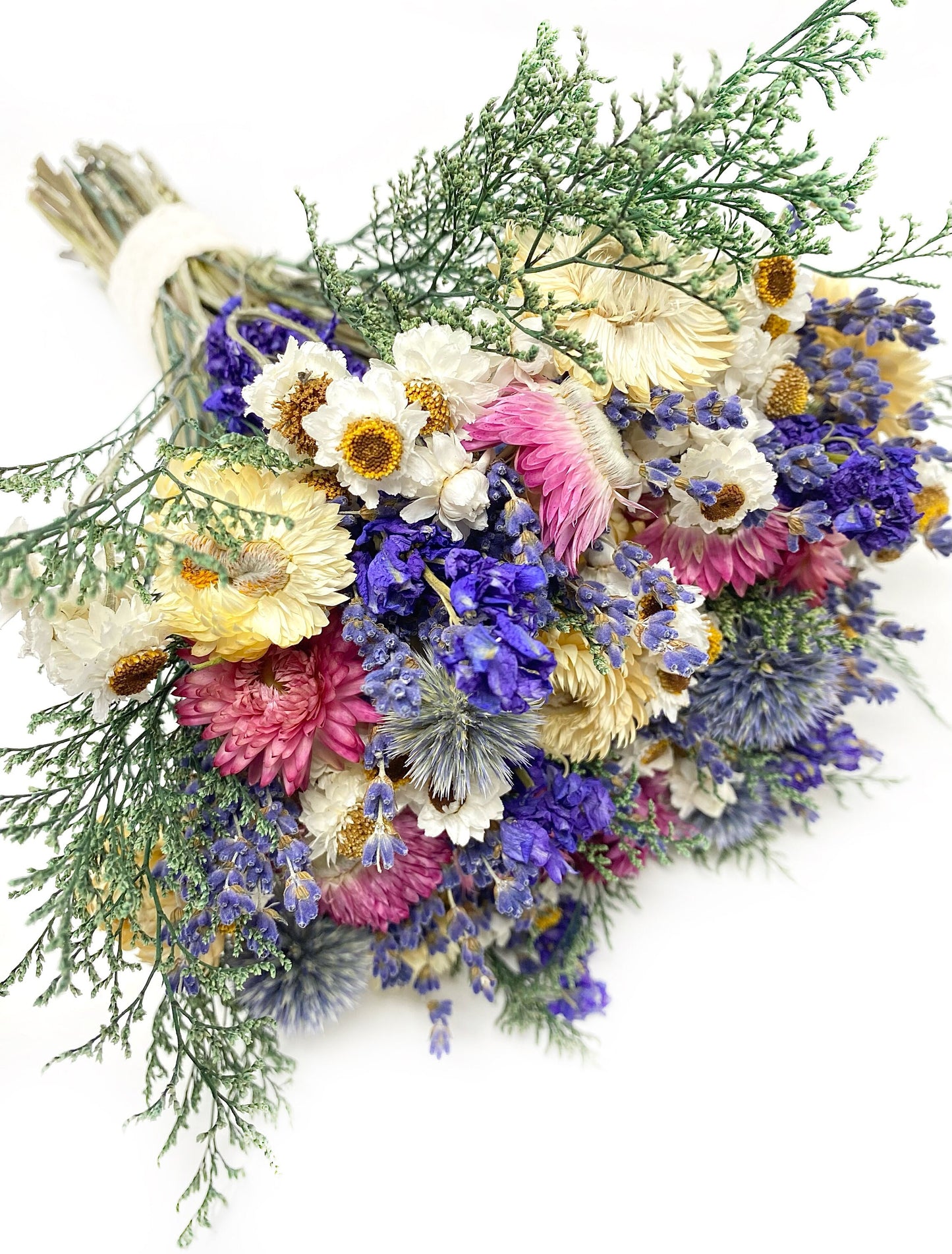 Wedding Bouquet, Dried Flowers, Strawflowers, Bridal, Lavender, Globe Thistles, Preserved Florals, Ammobium, Caspia