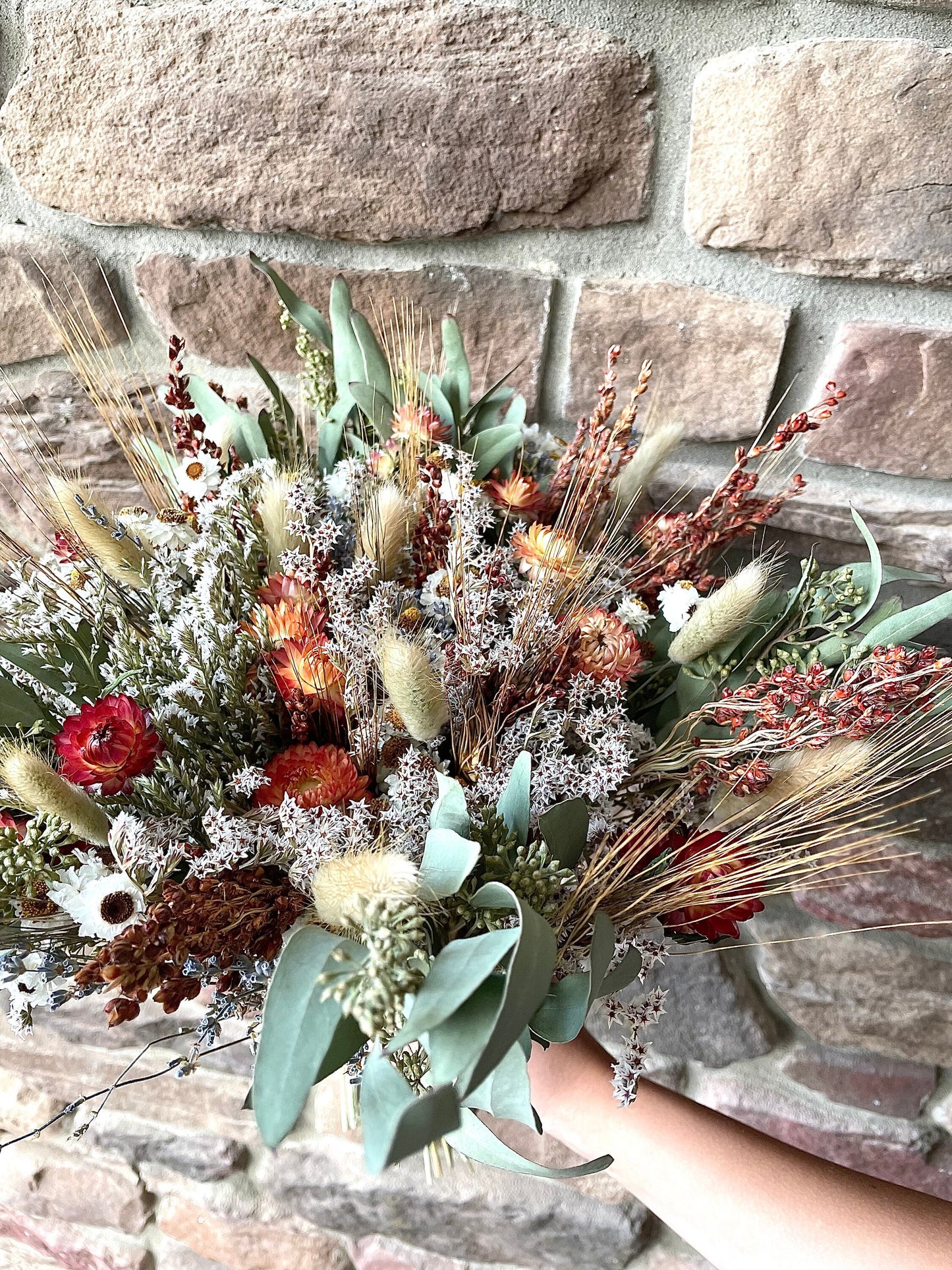 Wedding bouquet, Dried Flowers, Greenery, Orange, Summer, Fall, Wildflowers, Modern, Preserved, Floral, Bunny Tails, Bridal, German Statice