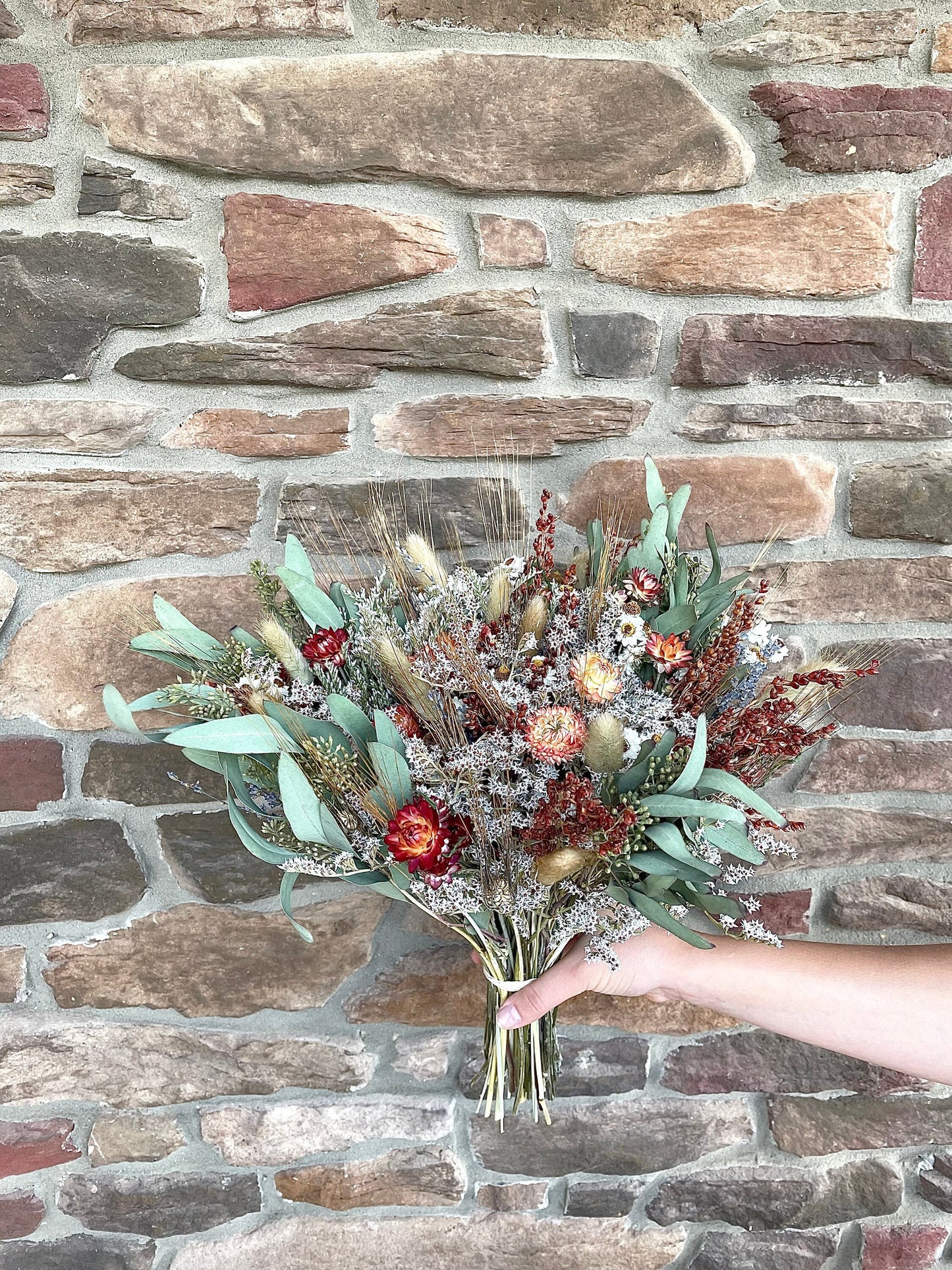 Wedding bouquet, Dried Flowers, Greenery, Orange, Summer, Fall, Wildflowers, Modern, Preserved, Floral, Bunny Tails, Bridal, German Statice