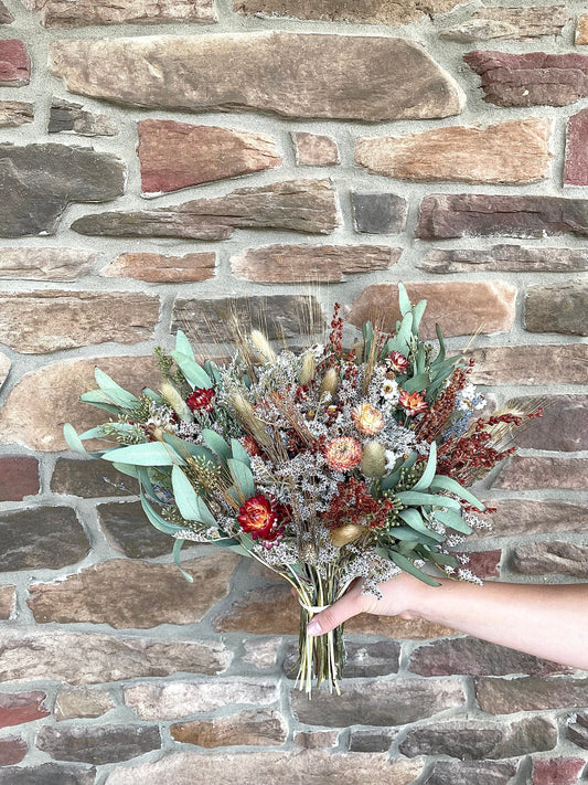 Wedding bouquet, Dried Flowers, Greenery, Orange, Summer, Fall, Wildflowers, Modern, Preserved, Floral, Bunny Tails, Bridal, German Statice