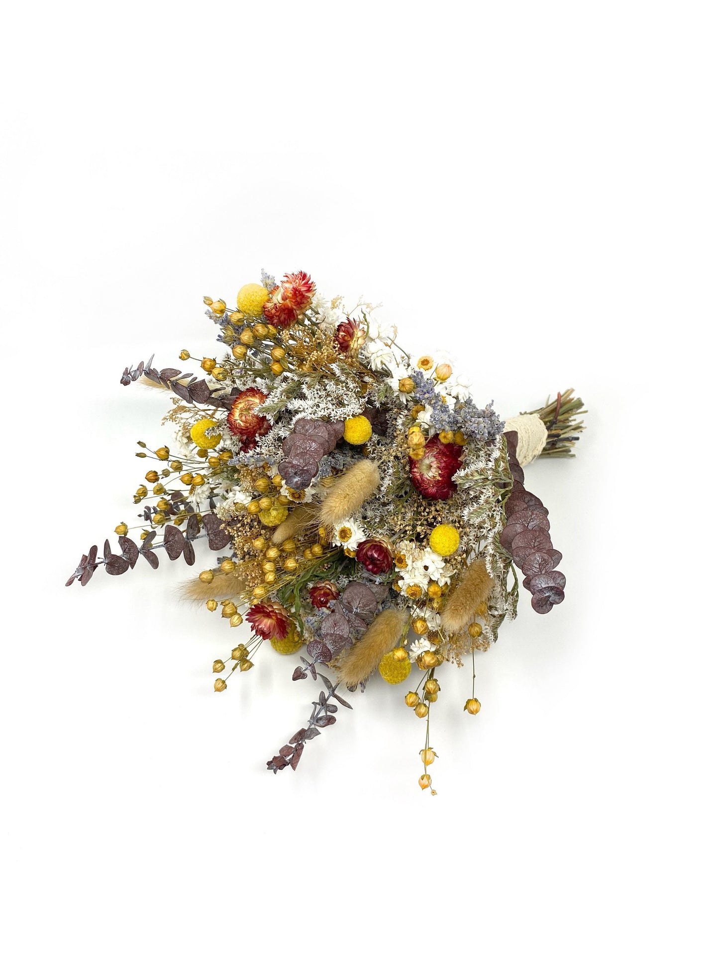 Wedding Bouquet, Fall, Dried Flowers, Preserved Floral, Rustic, Ammobium, bunny tails, Bridal, Red, Throw Bouquet, Strawflowers, Yellow