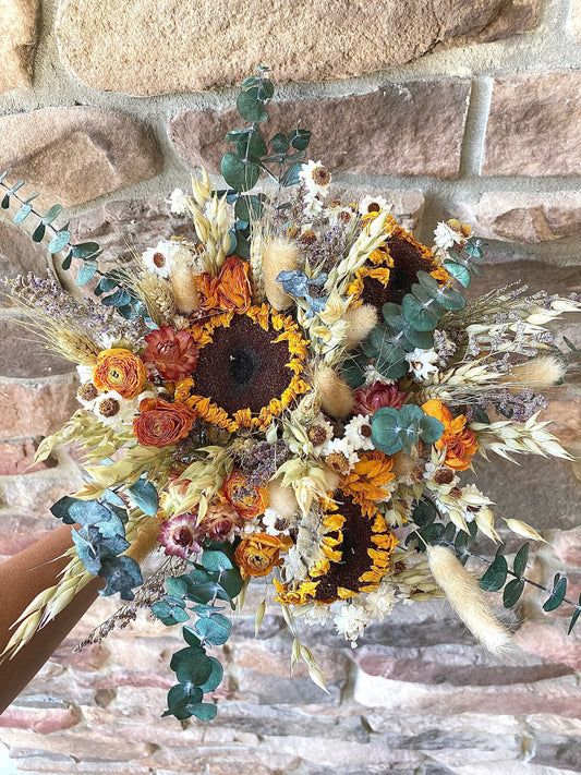 Sunflower Wedding bouquet, Dried Flowers, Summer, Fall, Wildflowers, Boho, Preserved, Floral, Orange, Bridal, Fall Colors, Strawflowers