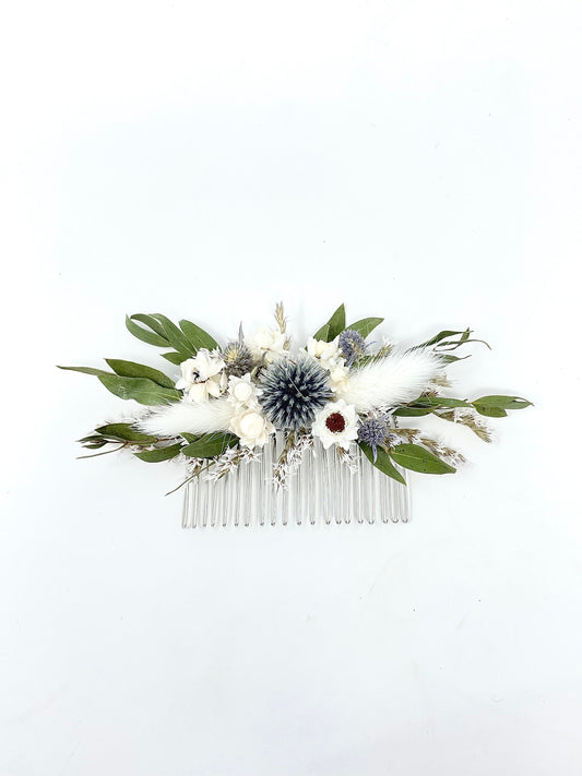 Hair Comb, Winter Hair Pins, Dried flowers, Preserved, Floral Comb, Clip, Wedding, Corsage, Prom, Bridal, Blue, White, Green, Summer