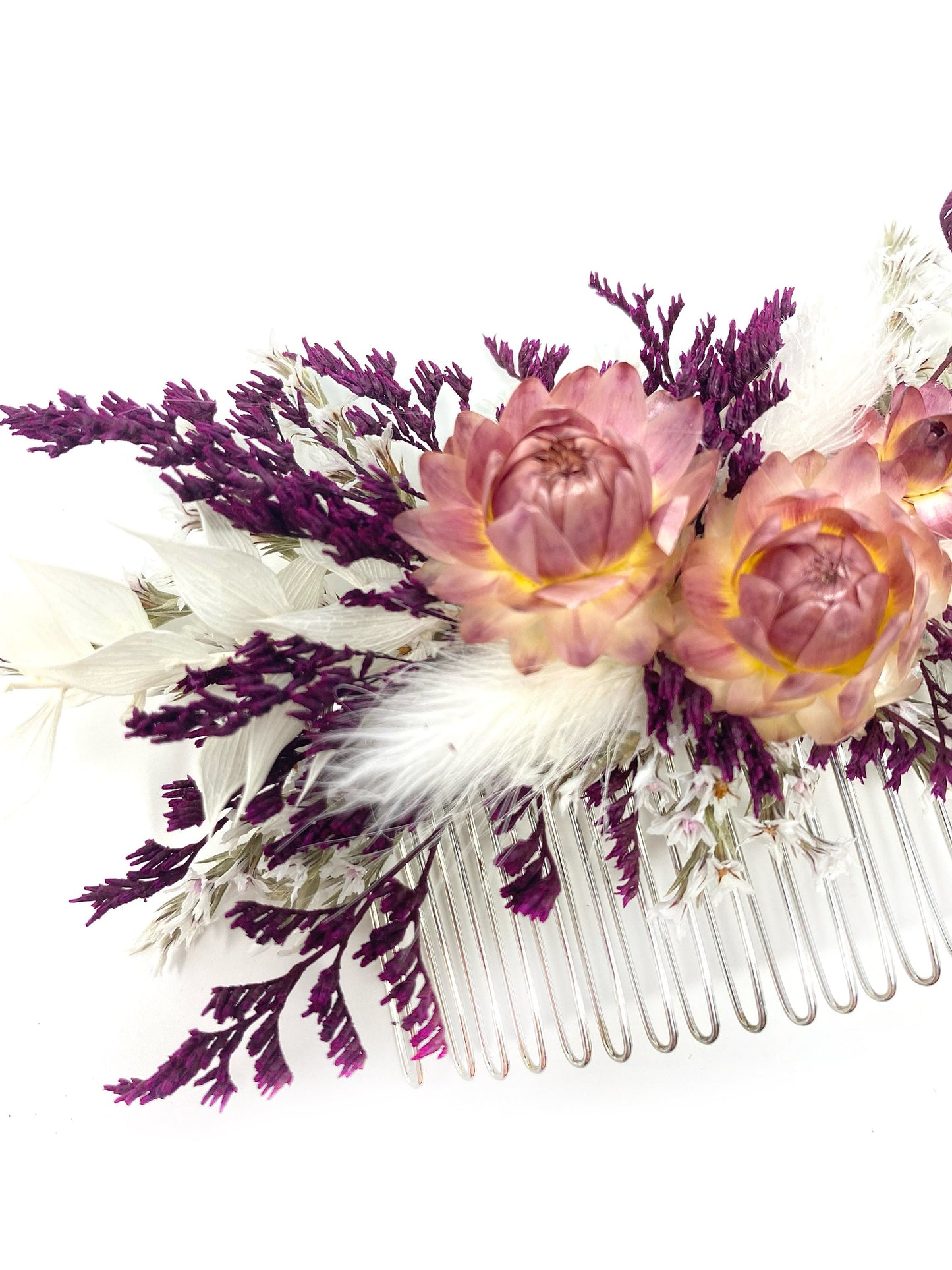Hair Comb, Hair Pins, Dried flowers, Preserved, Floral Comb, Clip, Wedding, Corsage, Prom, Bridal, Purple, Pink, White, Ruscus,  Summer