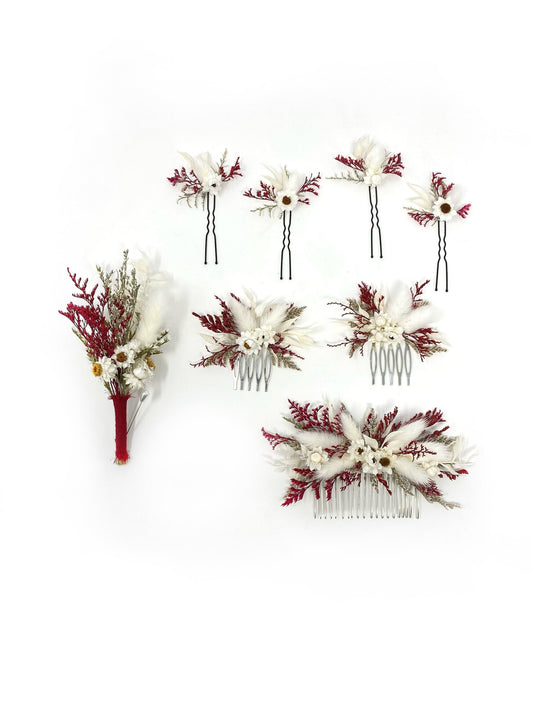 Red and White Hair Comb, Hair Pins, Burgundy Wedding Accessory, Floral Preserved Clip, Dried Flowers, Prom, Hair Accessory, Simple, Bridal