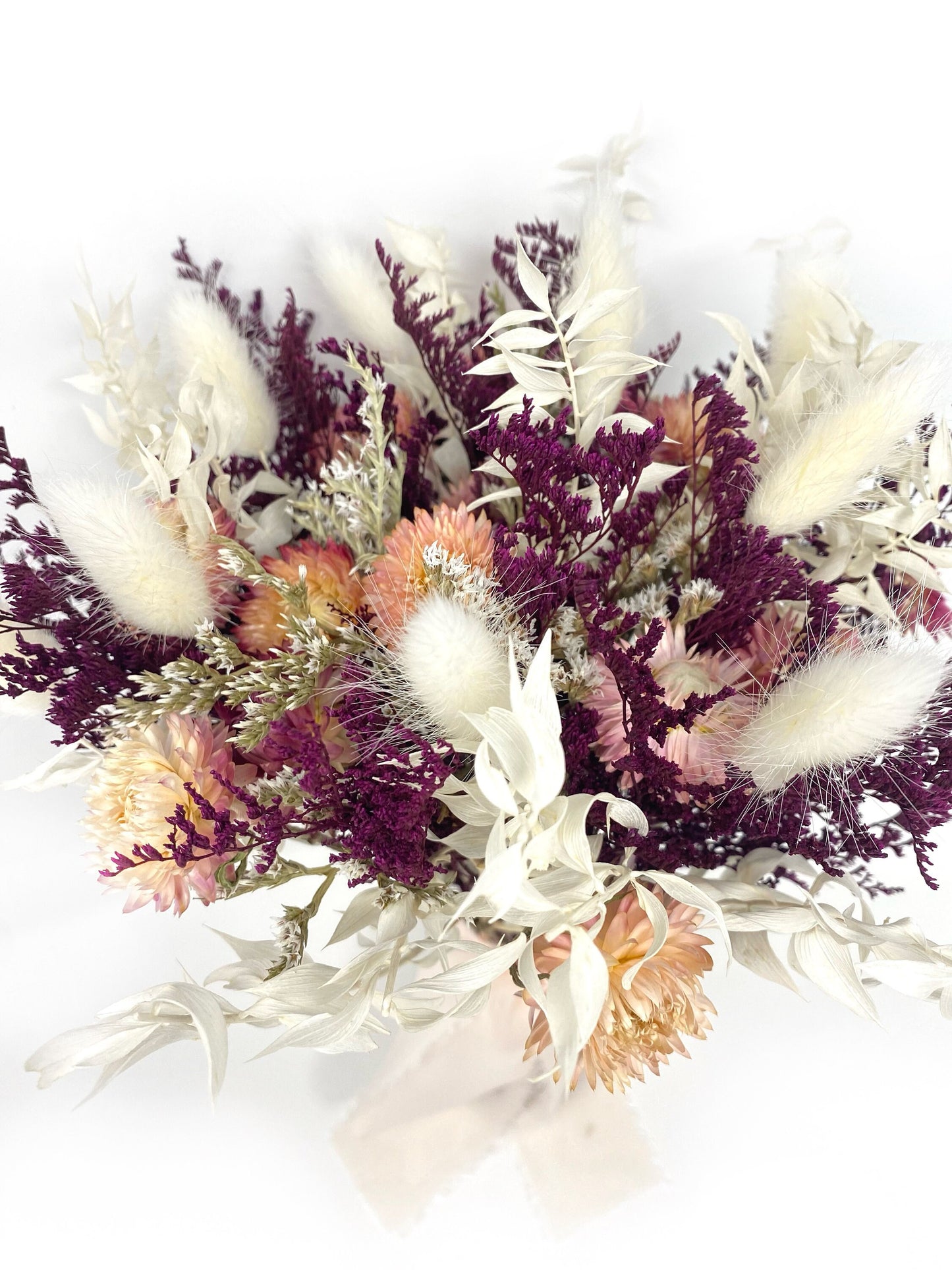 Wedding Bouquet, Dried Flowers, Preserved Floral, Rustic, Bunny Tails, Bridal, Strawflowers, Throw Bouquet, Spring, Pink, Purple, White