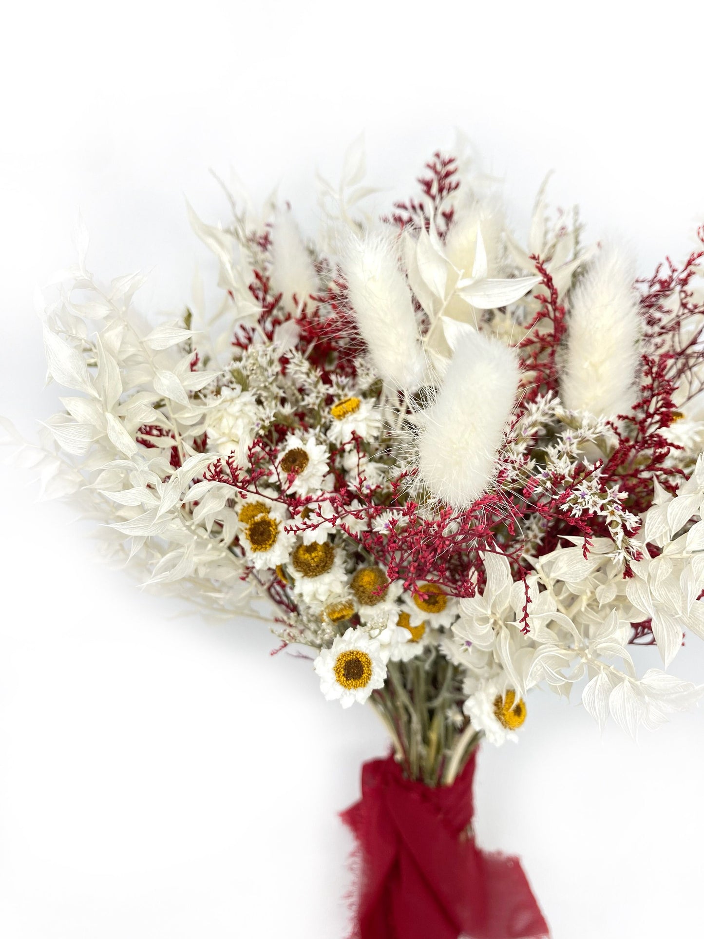 Red and White Bouquet, Christmas Wedding, Burgundy Dried Flowers, Preserved Floral, Rustic, Bunny Tails, Bridal, Winter, Throw, Spring