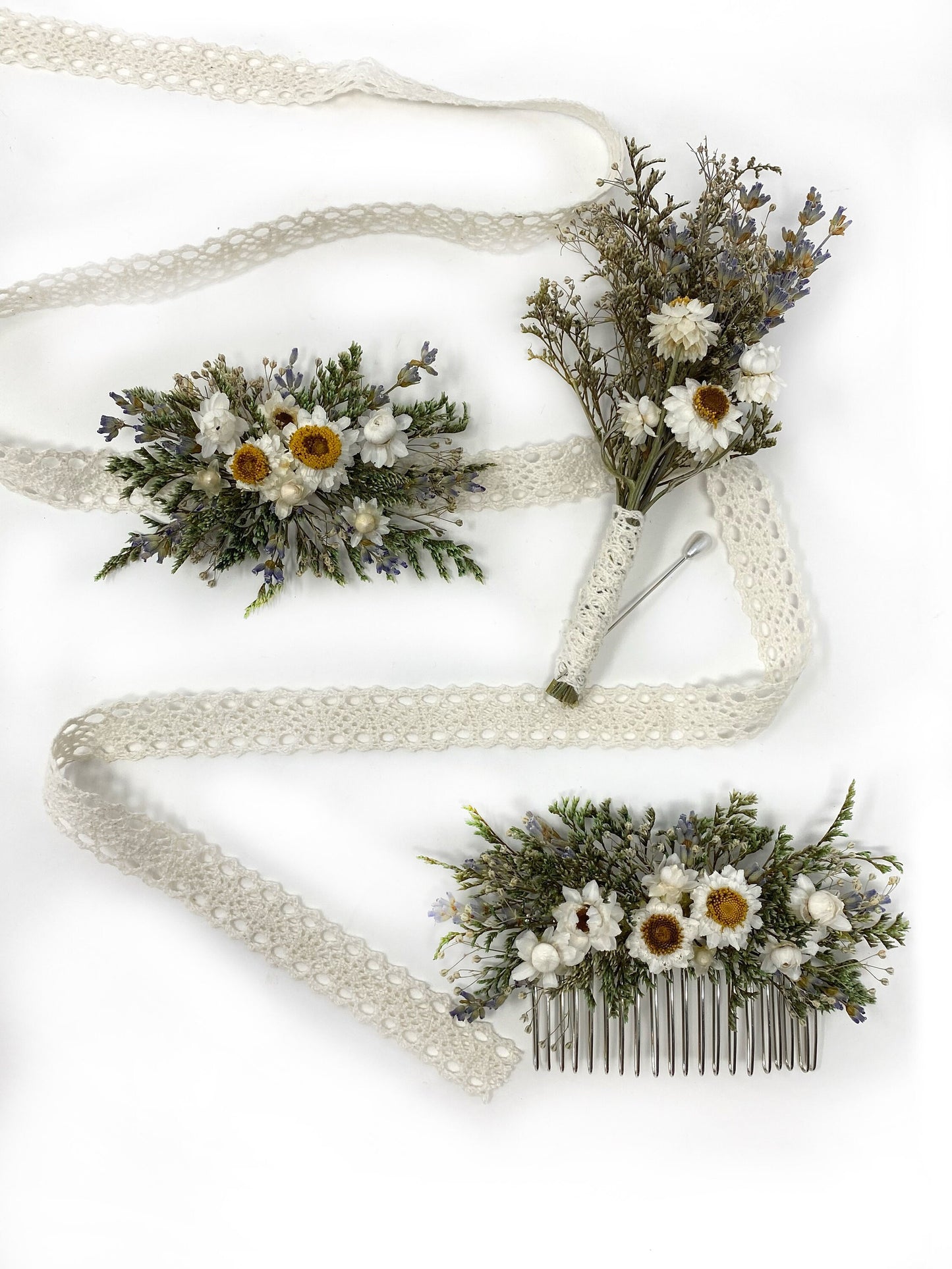 Hair Comb, Hair Pins, Dried flowers, Preserved, Floral Comb, Clip, Wedding, Corsage, Prom, Bridal, Green, White