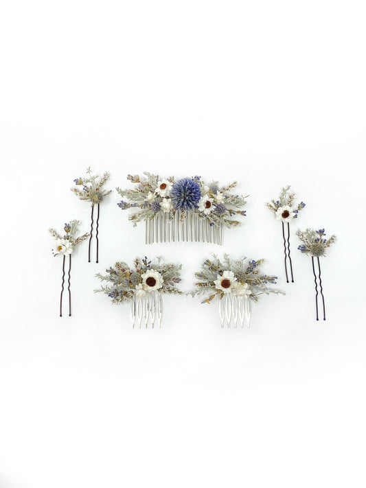 Hair Comb, Hair Pins, Dried flowers, Preserved, Floral Comb, Clip, Wedding, Corsage, Prom, Bridal, Blue, Winter, Spring, Natural, White
